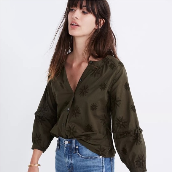 Madewell Tops - Madewell Embroidered Bubble-Sleeve Shirt, Sz. Small, Olive Green